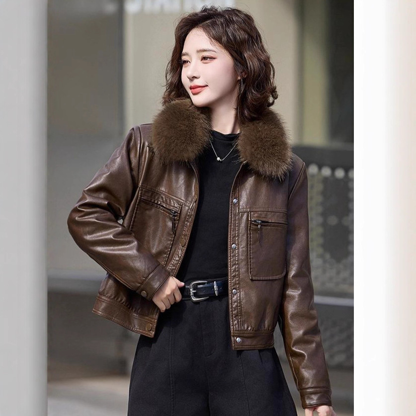 Picture of Zordan Paul Women's Leather Jacket Autumn and Winter New Large Fur Collar Fleece-Lined Thickeneded Motorcycle Pu Leather Jacket-749