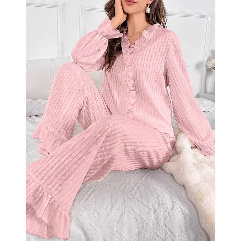 European and American Cross-border V-neck Ear-edged Pajamas Women's Suit Spring and Autumn New High-end Cardigan Long-sleeved Pants Home Clothes