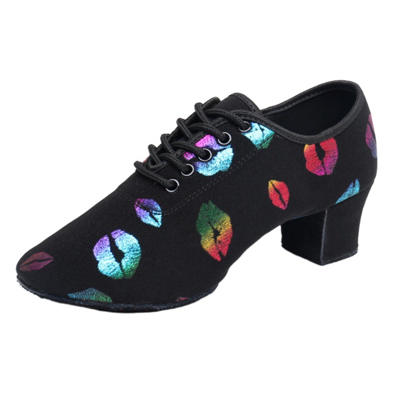 New Autumn Color Oxford Cloth Dance Shoes Colorful Lip Print Women's High Heel Latin Dance Shoes Belly Dance Practice Shoes