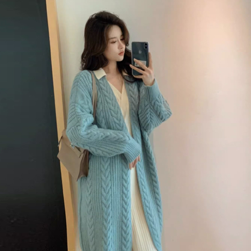 Soft milk blue vintage twist sweater cardigan coat women's autumn and winter outer wear loose lazy style long thick sweater