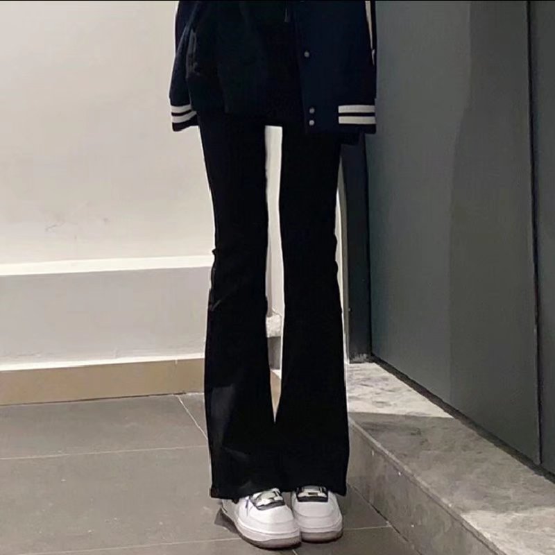 Summer Black Cropped Slim Pants Children's Student Velvet High Waist Stretch Micro Denim Long Pants All-match Trendy
