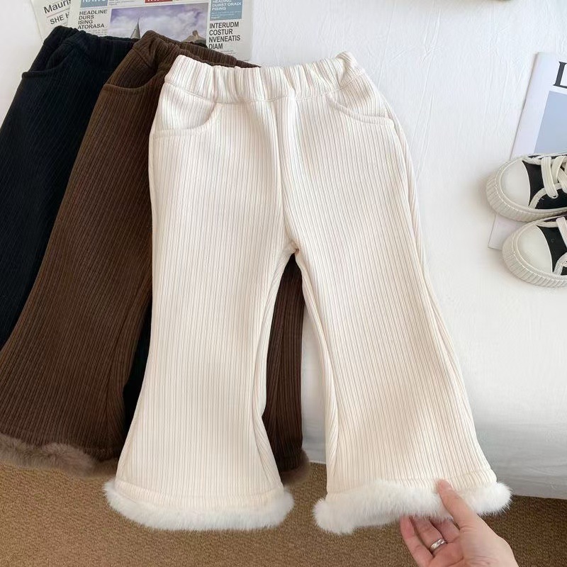 Picture of Girls' Pants Autumn and Winter 2024 New Western-style Flared Pants Small and Medium-sized Children's Fashionable Winter Women's White Fleece-Lashed Pants