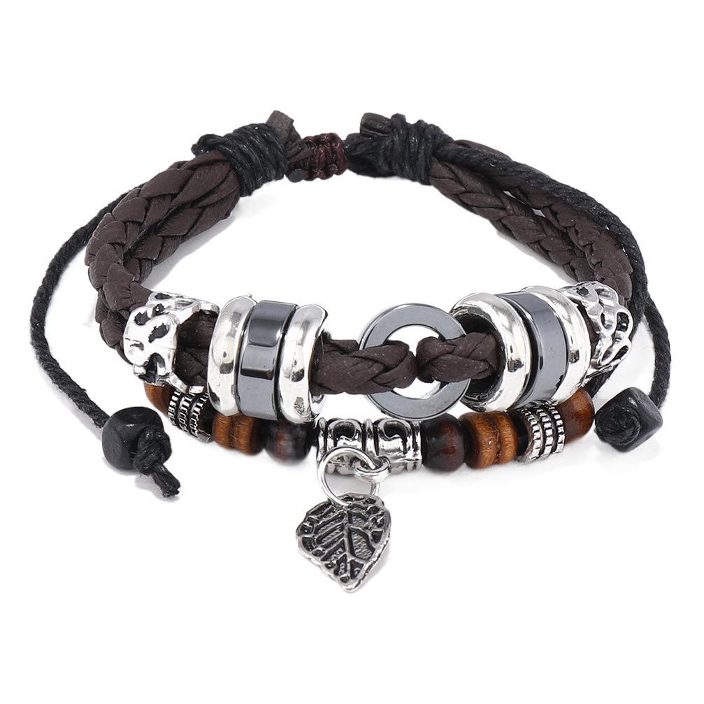 Korean fashion creative multi-layer woven leaves pendant men's leather bracelet cross-border e-commerce jewelry wholesale