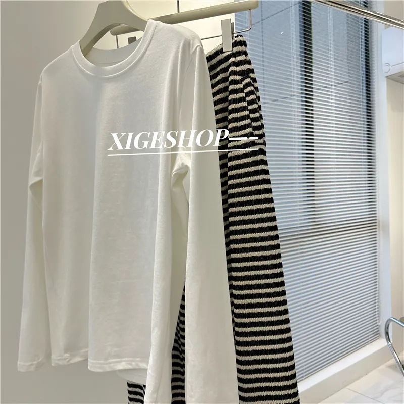 Sanding Long-sleeved Pure White T-shirt Women's Autumn and Winter Loose Base Shirt Top Casual Round Neck Trendy T-shirt