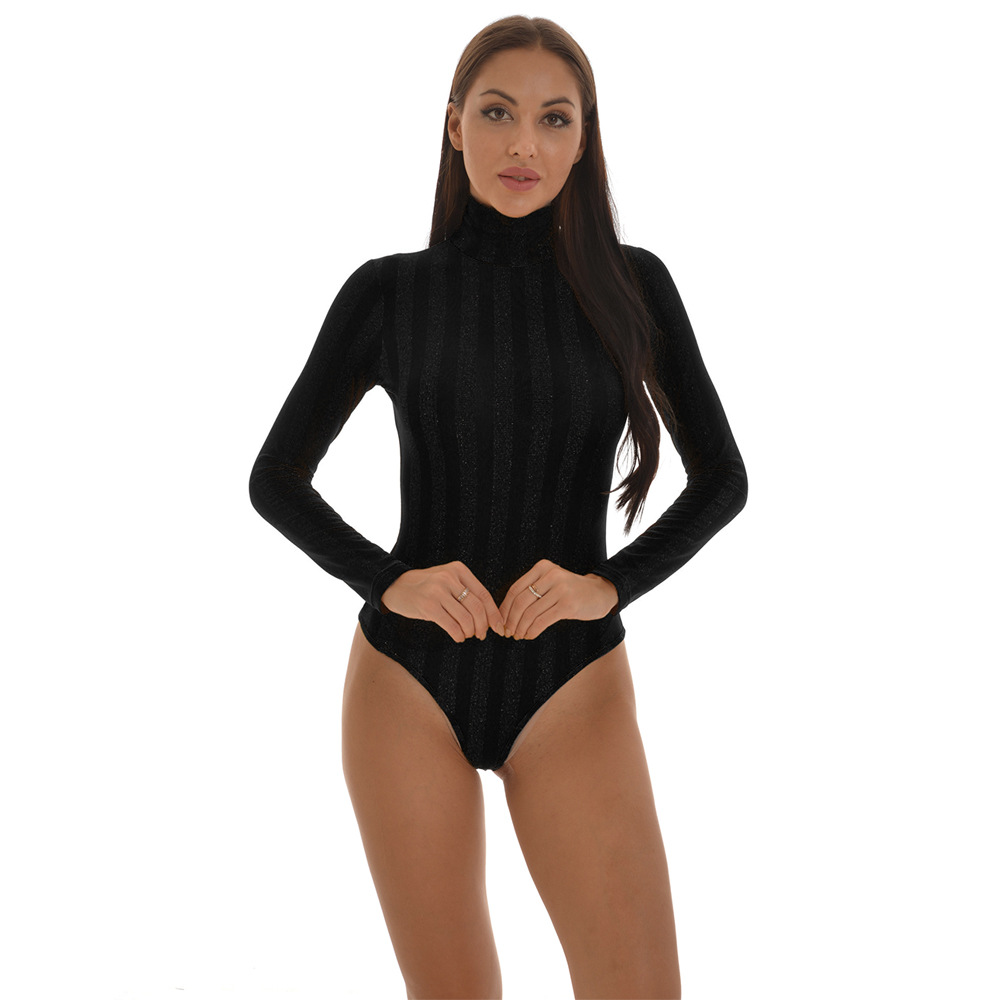 Picture of Cross-border New Women's AliExpress Amazon Long Sleeve High Neck Sexy Silver Mesh Slim All-match All-match All-suit