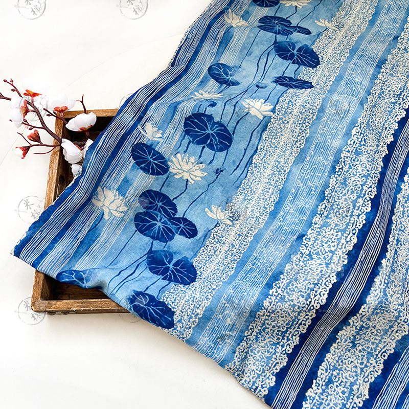 Blue and white water lily, new Chinese style cheongsam dress, top, Hanfu fabric, digital printed fabric, brocade cotton fabric