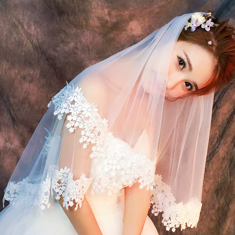 White short Mori flower water soluble lace Korean 1.5 Single layer soft yarn wedding bridal veil studio photo