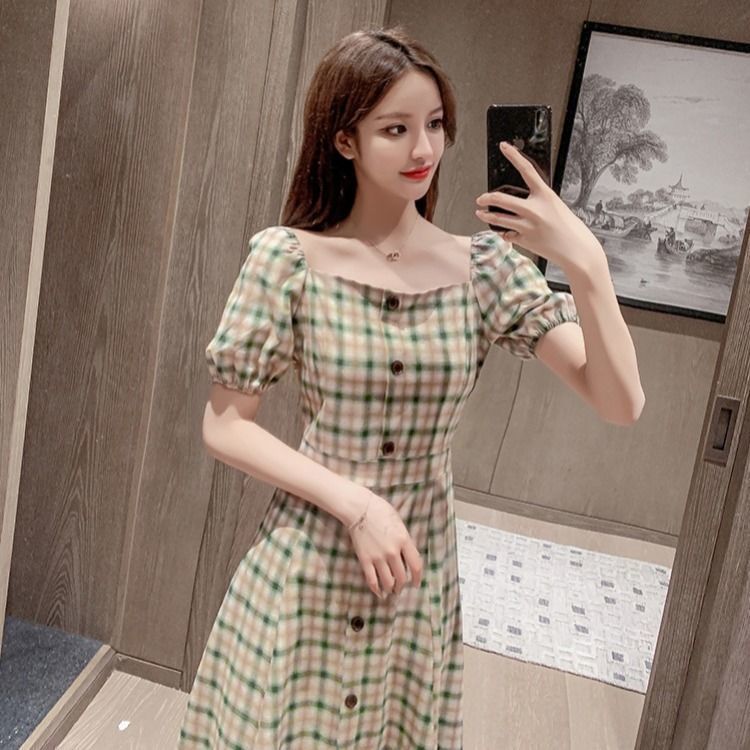 2024 Summer new square collar Plaid puff sleeve elegant fashionable waist slimming French style fresh retro dress