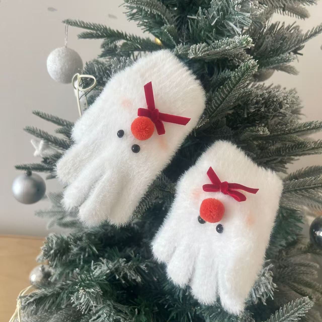 Children's Fun Cute Bow Snowman Plush Five-Finger Gloves Women's Winter Warm Riding Finger Gloves Student Women