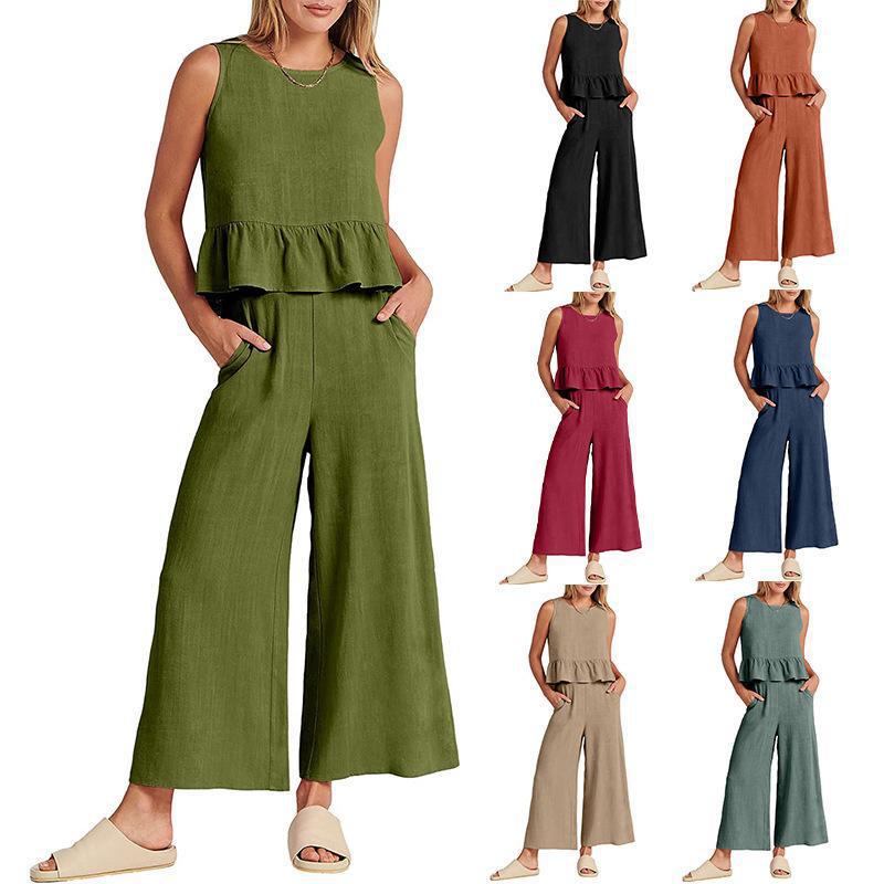 2023 Summer new European and American foreign trade Women's Amazon sleeveless pleated vest wide leg pants casual suit