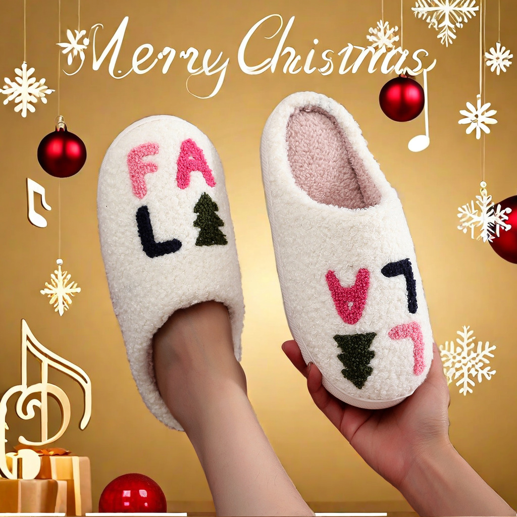 Falalala Cotton Slippers for Women and Men, Christmas Song Design, Autumn and Winter Warm Indoor Slippers, Non-Slip, Couple Style, Thickened