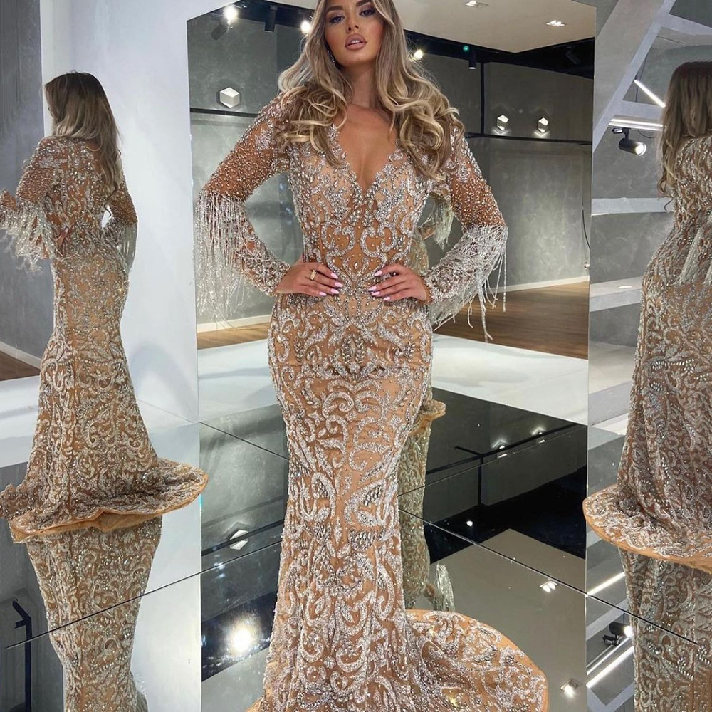 Picture of 2025 Cross-Border Spring New European and American Evening Dress Women's Fishtail Sprinkled with Gold Tassels Elegant Sexy Long Skirt Dress