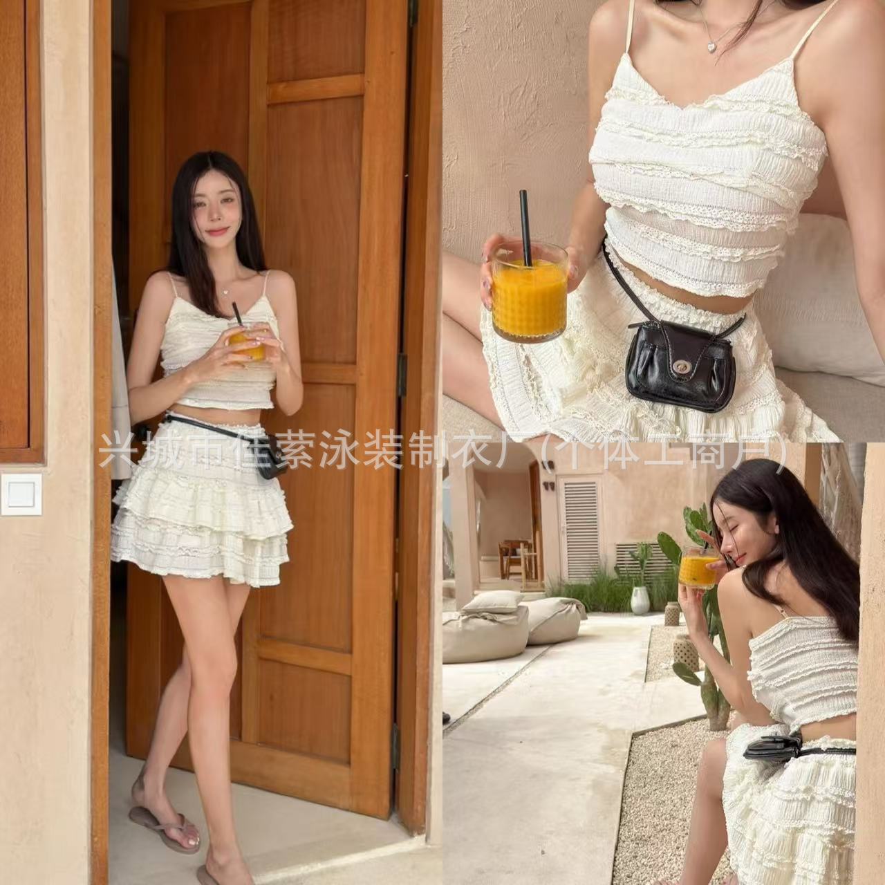 French Socialite Elegant Stitching Wood-ear Camisole Vest Women's Summer Waist Layers Cake Skirt Two-piece Suit