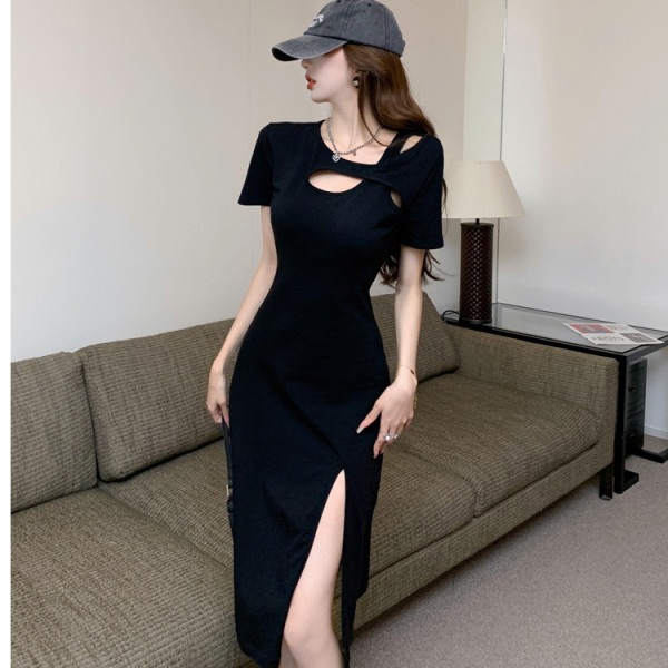 Hong Kong Flavor Online Hot Spice Girl Dress Caution Hollow-out Sexy Slim-fit Slimming Mid-length Split Black Dress for Women in Summer