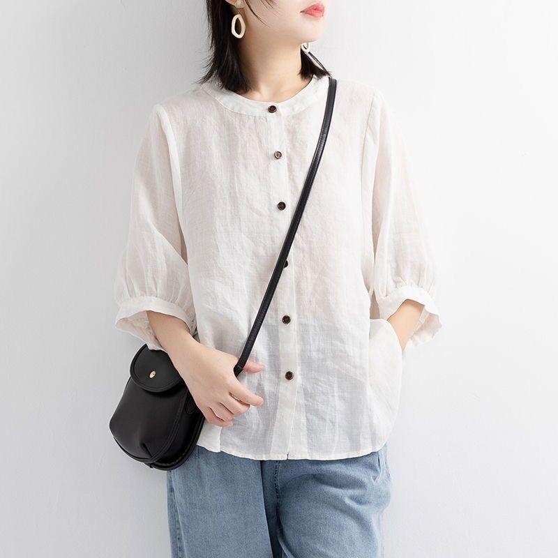 Picture of 2024 Early Spring New Women's Shirts Women's Design Niche Summer Retro Literary Lantern Sleeve Cotton and Linen Tops Trendy