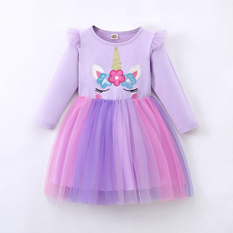 New Girls Mesh dress Embroidered Long Sleeve Knitted Princess Dress Children Unicorn Mesh Stitching dress