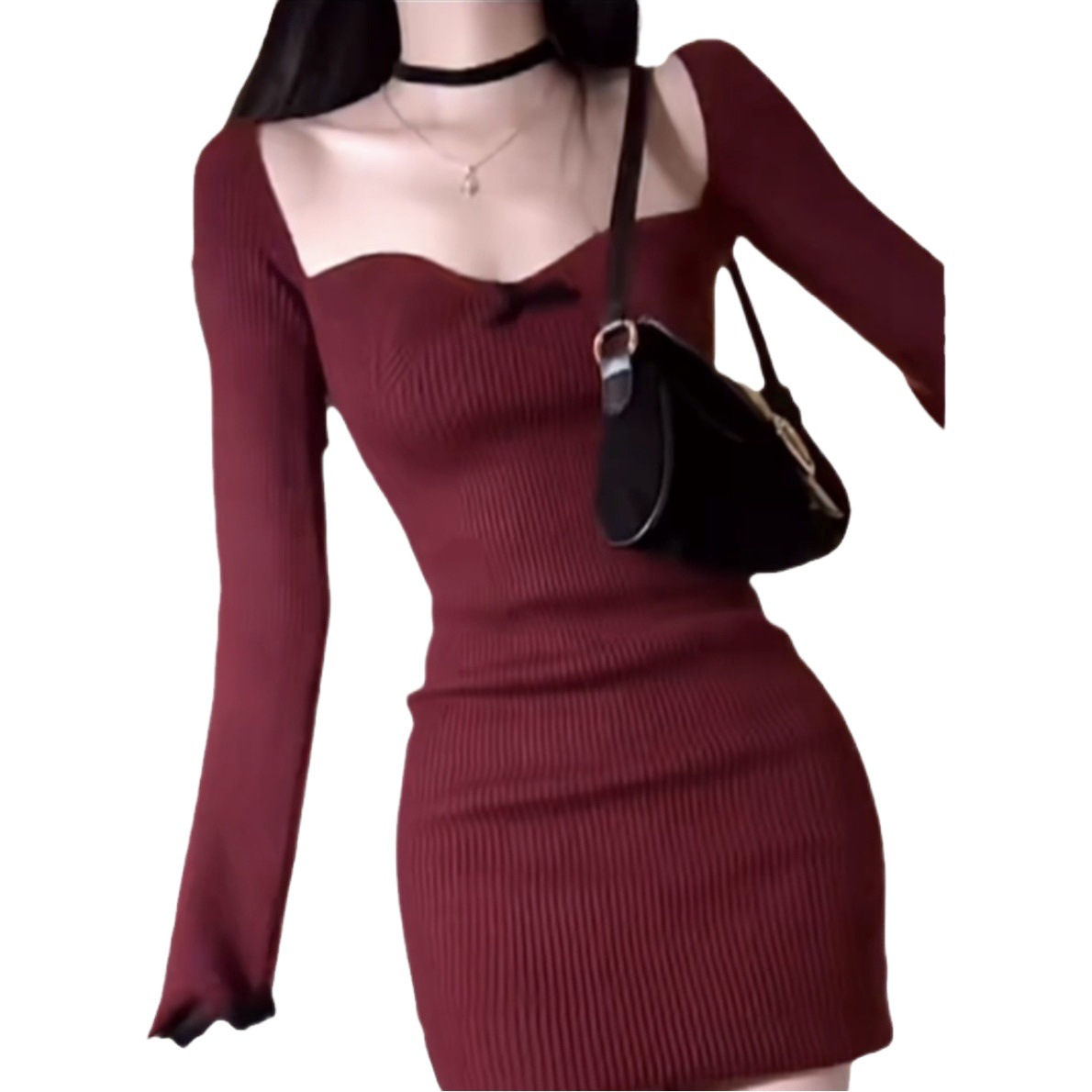 White wine red square collar new dress women's waist-tight autumn and winter underskirt sweater hip skirt Christmas gift skirt