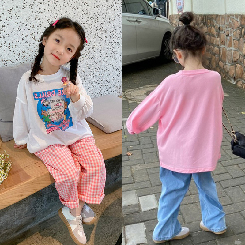 Girls' Velvet Thickeneded Long-Sleeved T-Shirt 2024 New Cartoon Loose Autumn Clothing Kidsren's Bottoming Shirt Cute Top Trbottomy