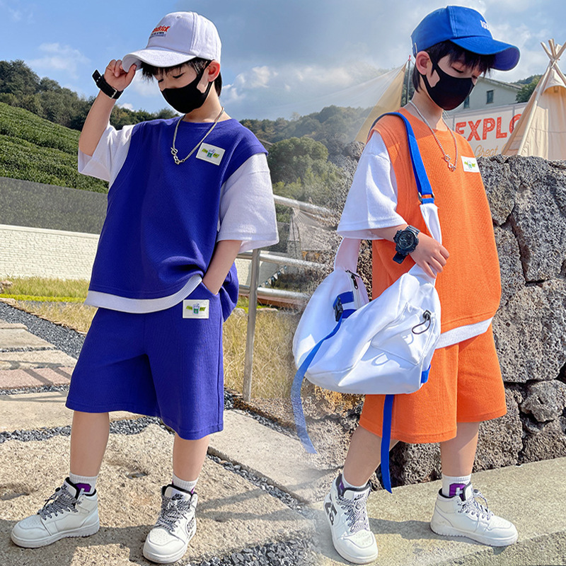 Boys' Korean-style Casual Sports suit Summer New Style Western Style Colorblock Top Short-sleeved Shorts Two-piece Set