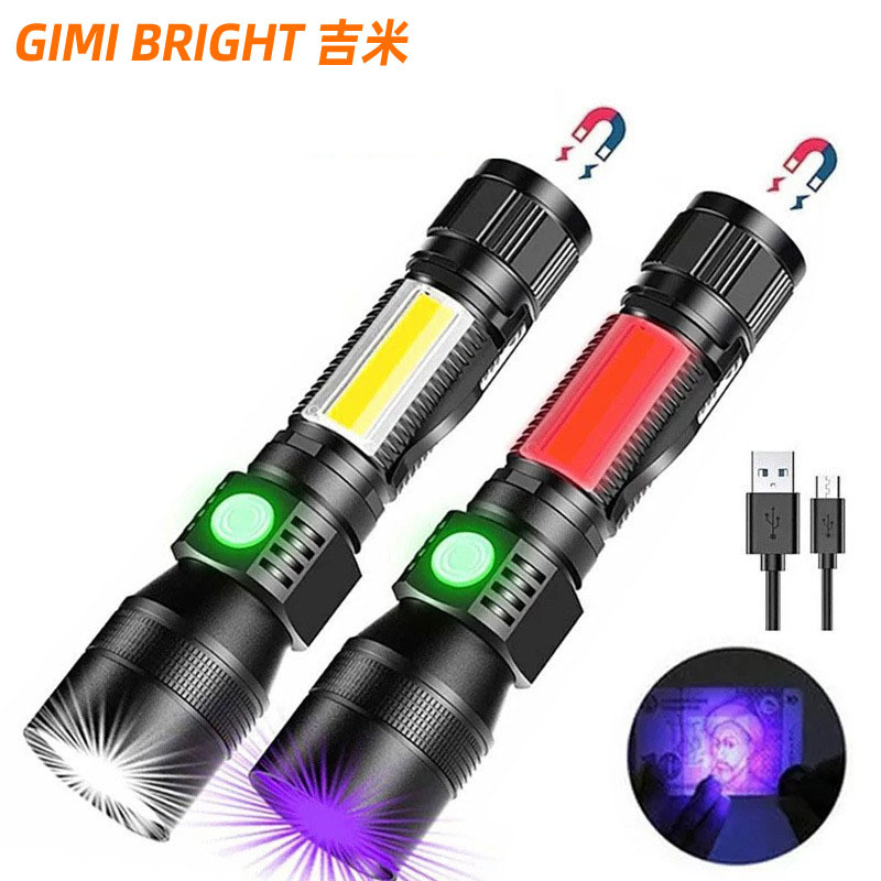 Purple light flashlight USB flashlight dual light source Type-c charging zoom emergency multifunctional outdoor flashlight