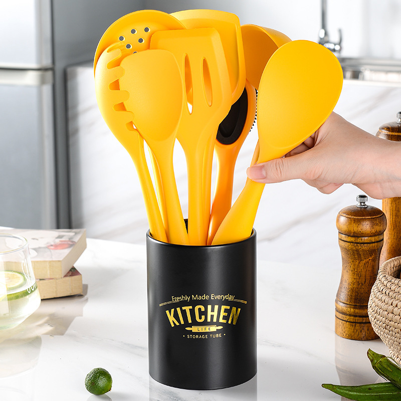 Picture of New Chinese Yellow All-inclusive Silicone 8-piece Kitchen Tools Kitchenware Set Cooking Shovel Spoon Stir-frying Shovel with Storage Bucket