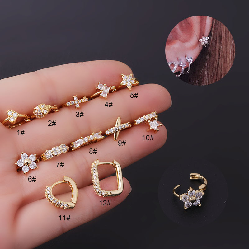 8mm fashion love flower cross copper set zircon earbuckle European and American foreign trade puncture earrings irregularly worn