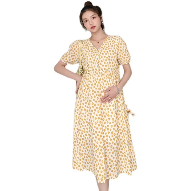 Picture of Maternity Summer Loose Slimming Mid-length dress Fashionable Elegant V-neck Floral Outgoing Summer Breastfeeding Clothes