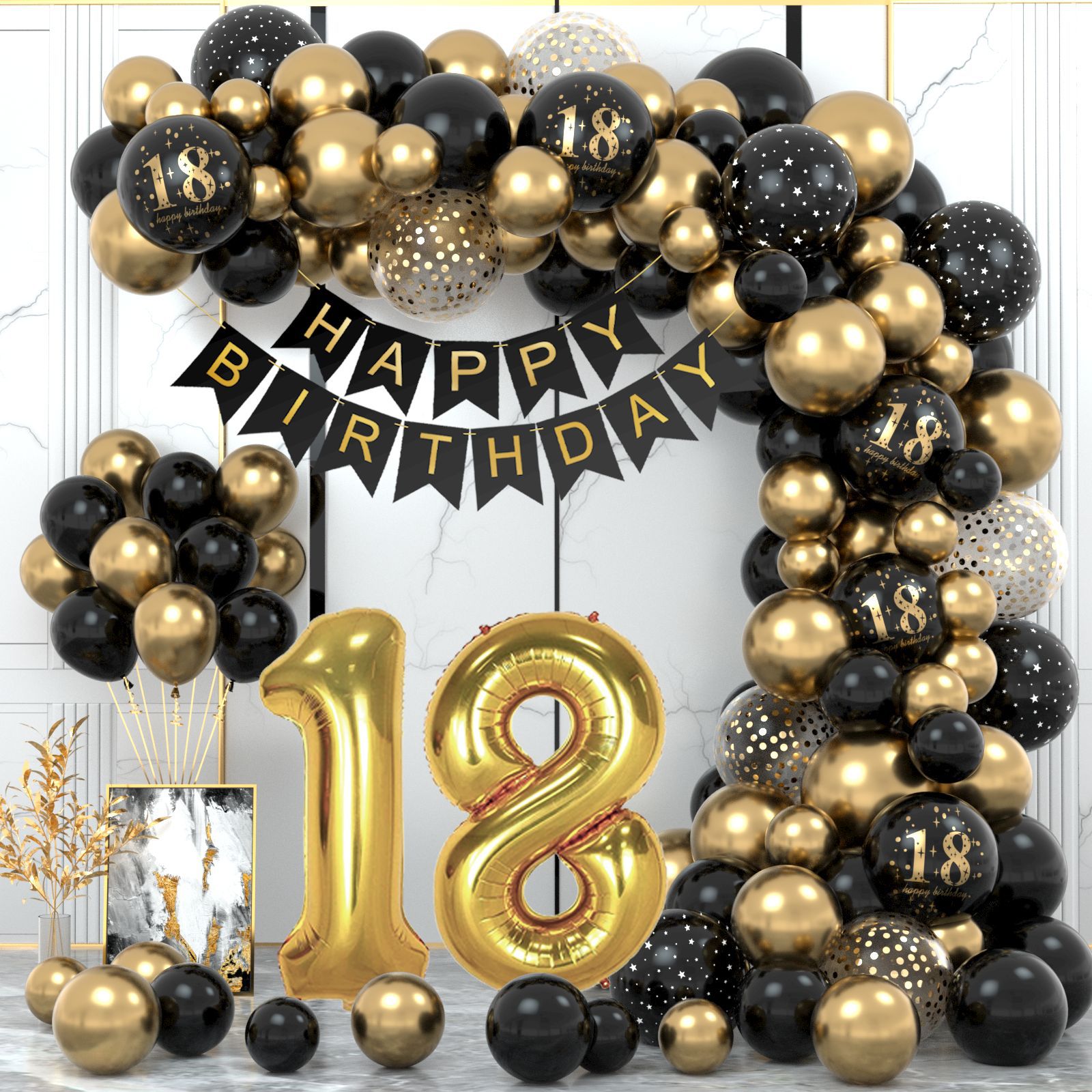 18 Year Old Black Gold Balloon Birthday Balloon Student Birthday Scene Layout Balloon Amazon Party Metal Balloon Chain