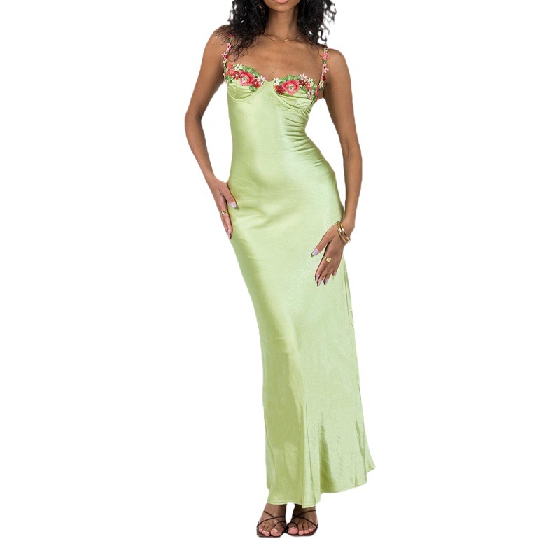 Amazon 2024 Cross-border Explosions European and American Spring and Summer Fashion Sexy Embroidered Lace Sling Solid Color Long Dress for Women