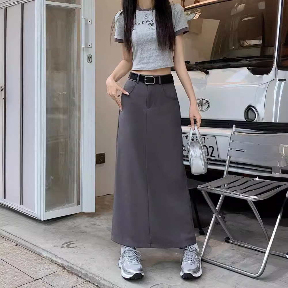 Plus Size Fat mm Skirt Women's 2024 Spring and Summer High Waist Slim Retro Slit Design A-Line Skirt Mid-Length Skirt