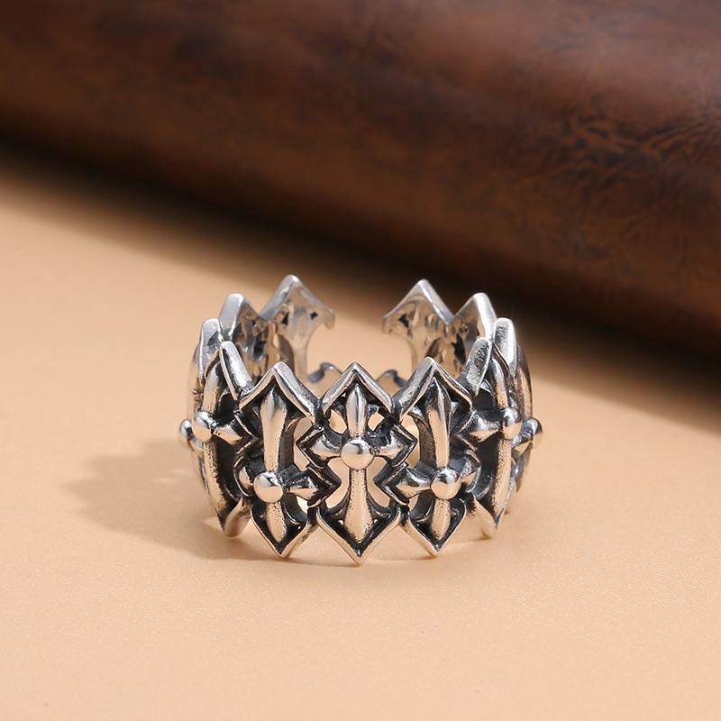 Fashion jewelry S925 sterling silver cross ring live adjustable Thai silver retro do old craft factory outlet