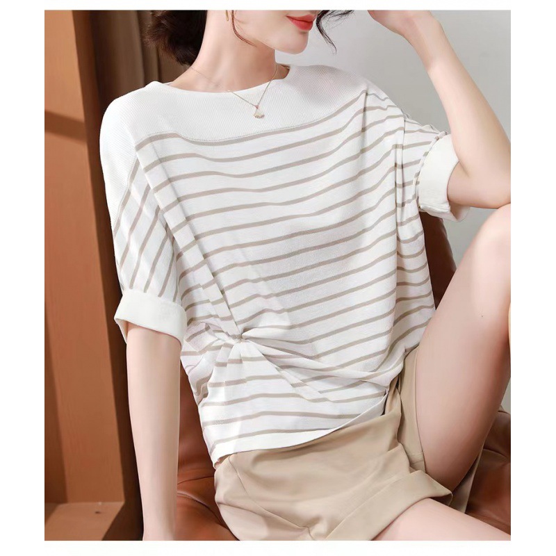 Picture of Women's all-match loose-fit striped bat-sleeve top comfortable pullover base shirt for summer