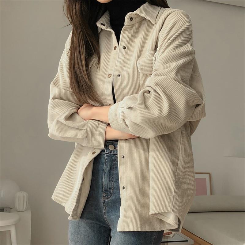 Z Corduroy Shirt Women's Outer Wear Spring and Autumn New Retro Hong Kong Style Mid-length Shirt All-match Loose Velvet Jacket B