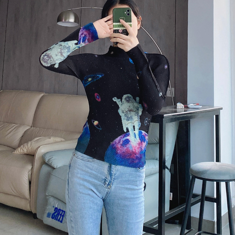 Miyake Small Print Bottoming Short-Sleeved Long-Sleeved Top Autum Design Slim and Versatile Half Turtleneck Slimming Look T-Shirt for Women