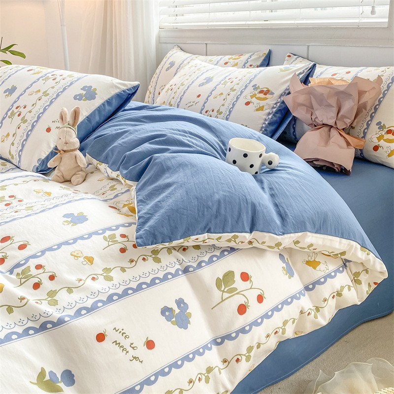 Picture of Small fresh class a 100 wash cotton four-piece set sanding cotton full quilt cover single bed hat student dormitory three or four-piece set
