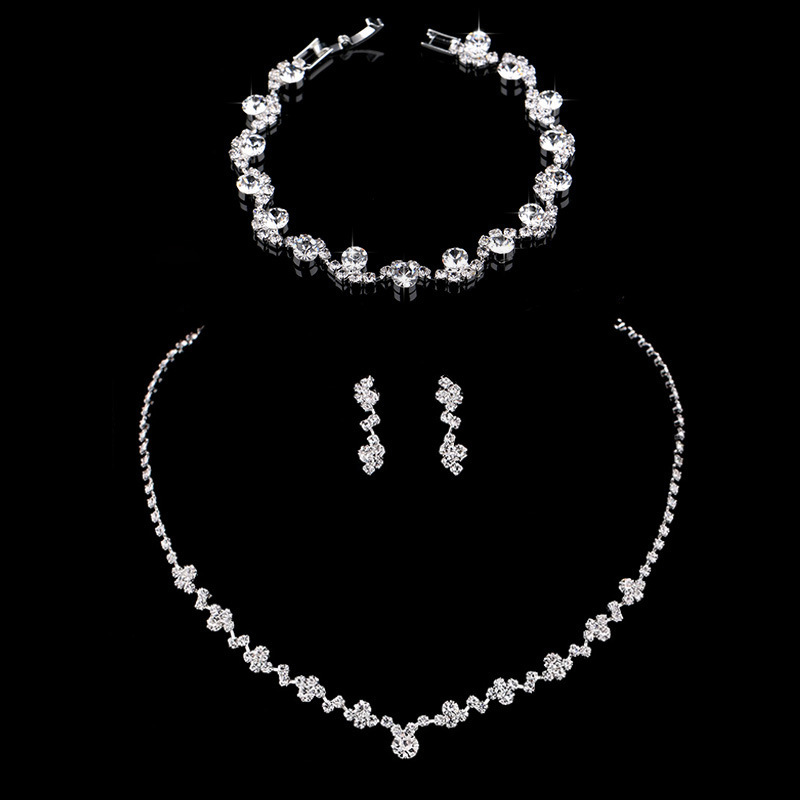 Bridal Jewelry Cross-border Explosions Shiny Rhinestone Earrings Necklace Bracelet Set European and American Fashion Cross-border Hot-selling Necklace