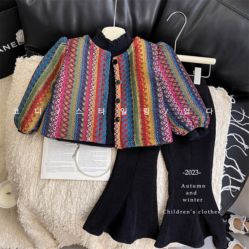 2025 Autumn and Winter New Korean Style Girls' Suit, Stylish Rainbow Jacket, Black Stylish Flared Pants Two-Piece Set