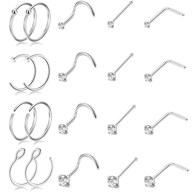 Cross-Border E-Commerce Wholesale Stainless Steel Set of 20 Pieces Combination Body Piercing Jewelry Nose Ornaments Nose Ring Nose Nail Nose Clip