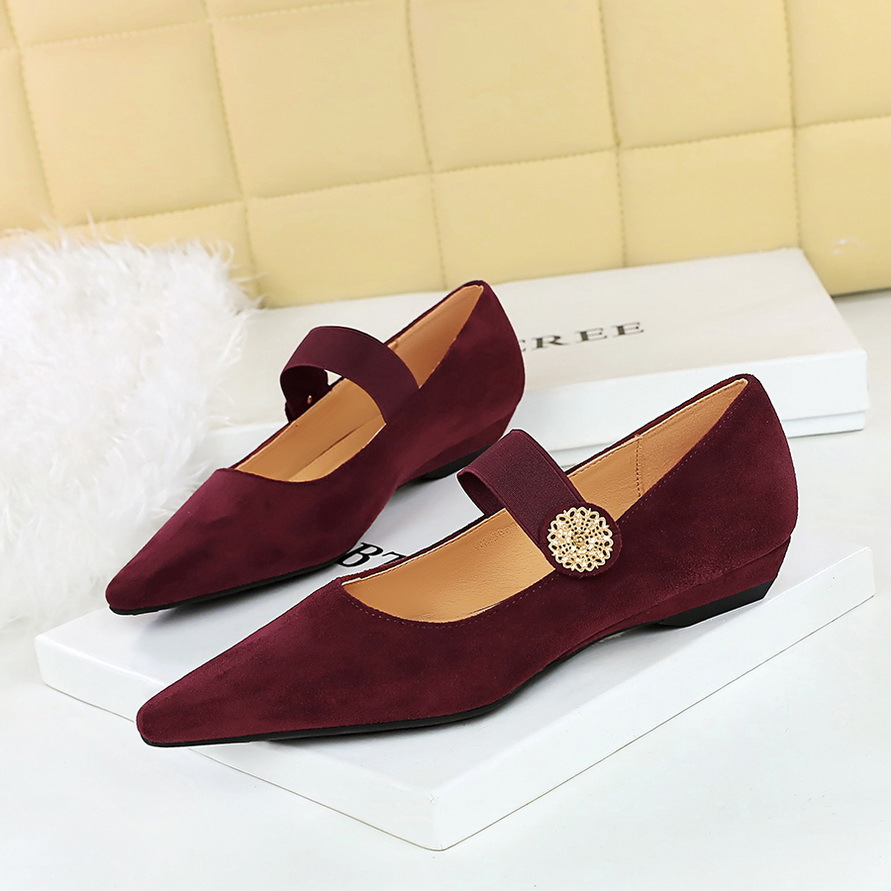 3683-2K92 Korean Style Low Heel Wedge All-match Suede Shallow Mouth Metal Decorative Elasto Band Single-layer Shoes for Women