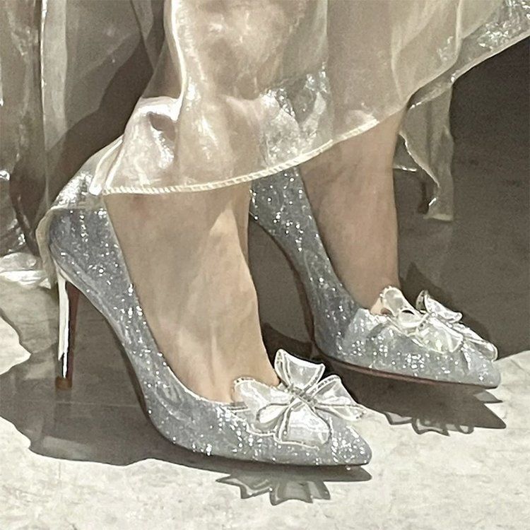 French Crystal Shoes 2025 Spring & Fall New Wedding Shoes Rhinestone Bow Pointed Toe Celebrity High Heels Women's Stiletto Shoes