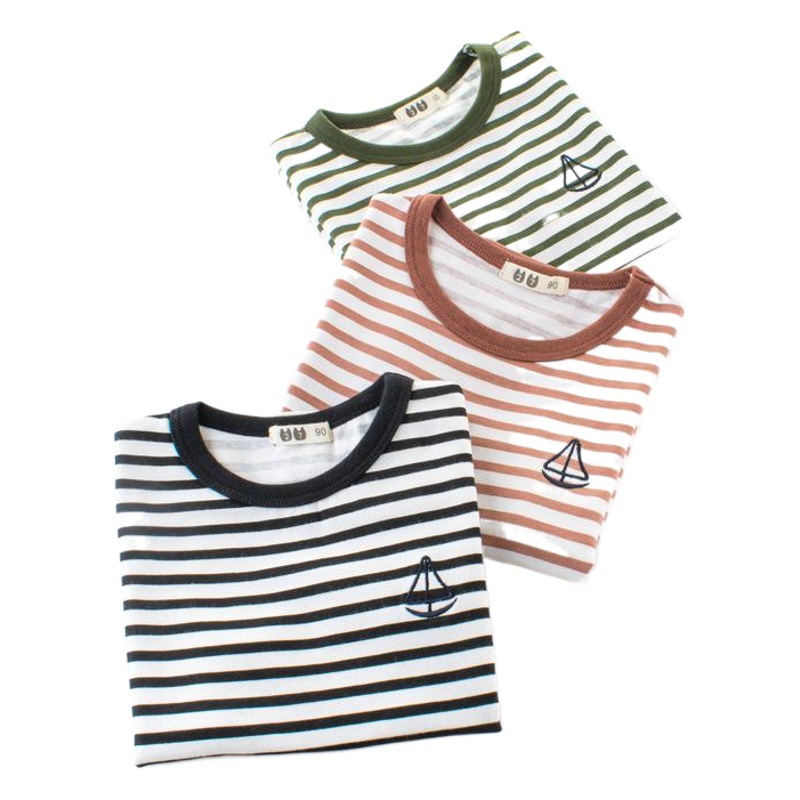 Picture of 2025 Summer New Kidsren's Stripesd T-Shirt Lycra Cotton Boys Short-Sleeved Bottoming Shirt Baby Clothes European and American Kidsren's Clothing