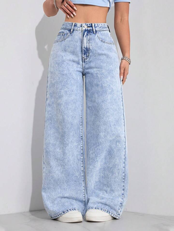 European and American Fashion Denim Pants for Women, Wide-Leg High-Waisted Straight-Leg Versatile Trendy Pants, Outer Single Cross-Border Jeans