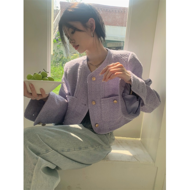 Purple Chanel Style Coat Women's Autumn Loose French Style Vintage Style Socialite Style Short Long Sleeve Top