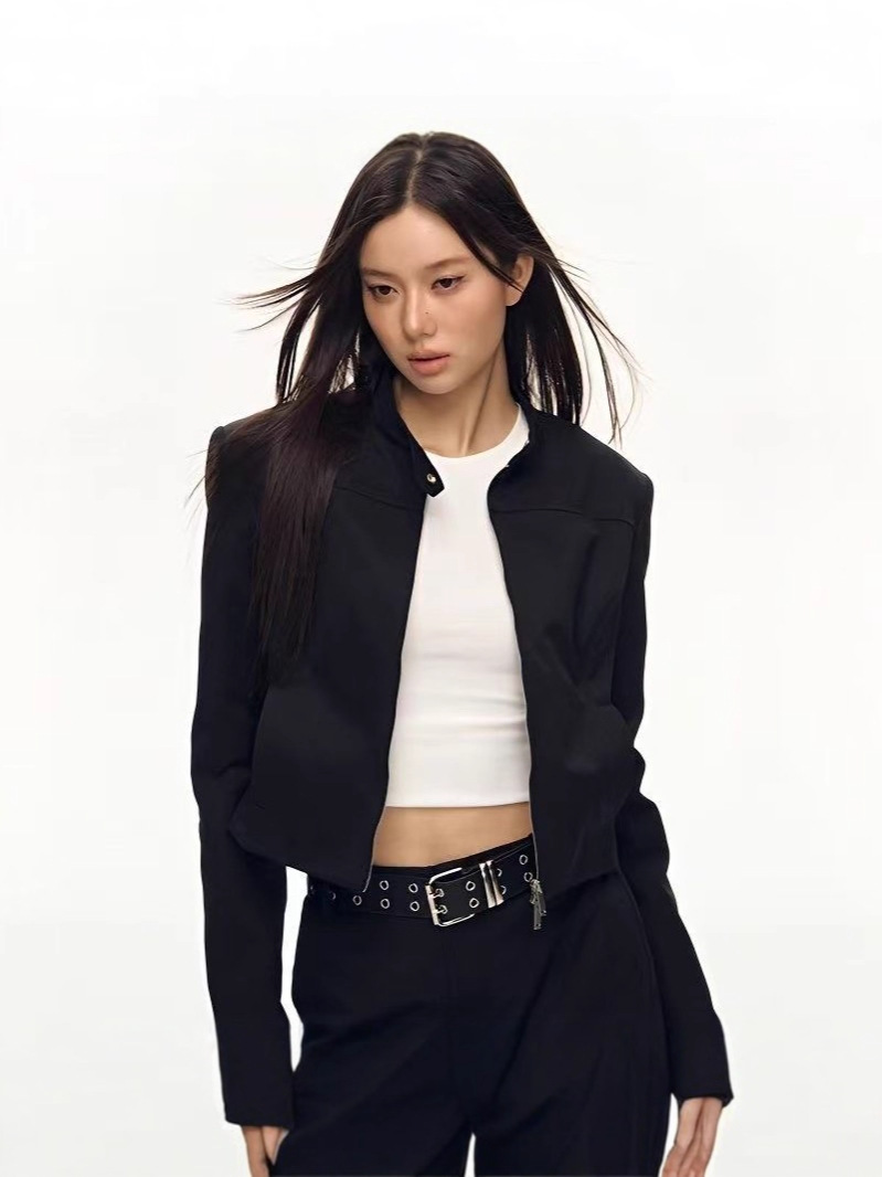 American hot girl black cropped jacket women's autumn 2025 new slim high-end stand-up collar jacket long-sleeved top