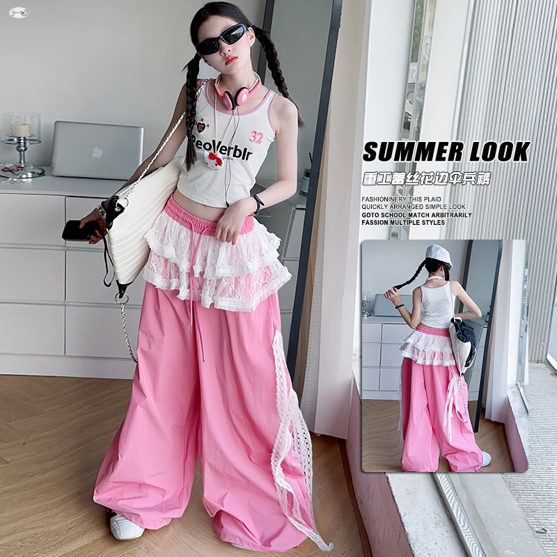 Girls' 2025 New Lace Cargo Pants Runway Jazz Personality Parachute Pants Two-Piece Set for Older Children with Vest