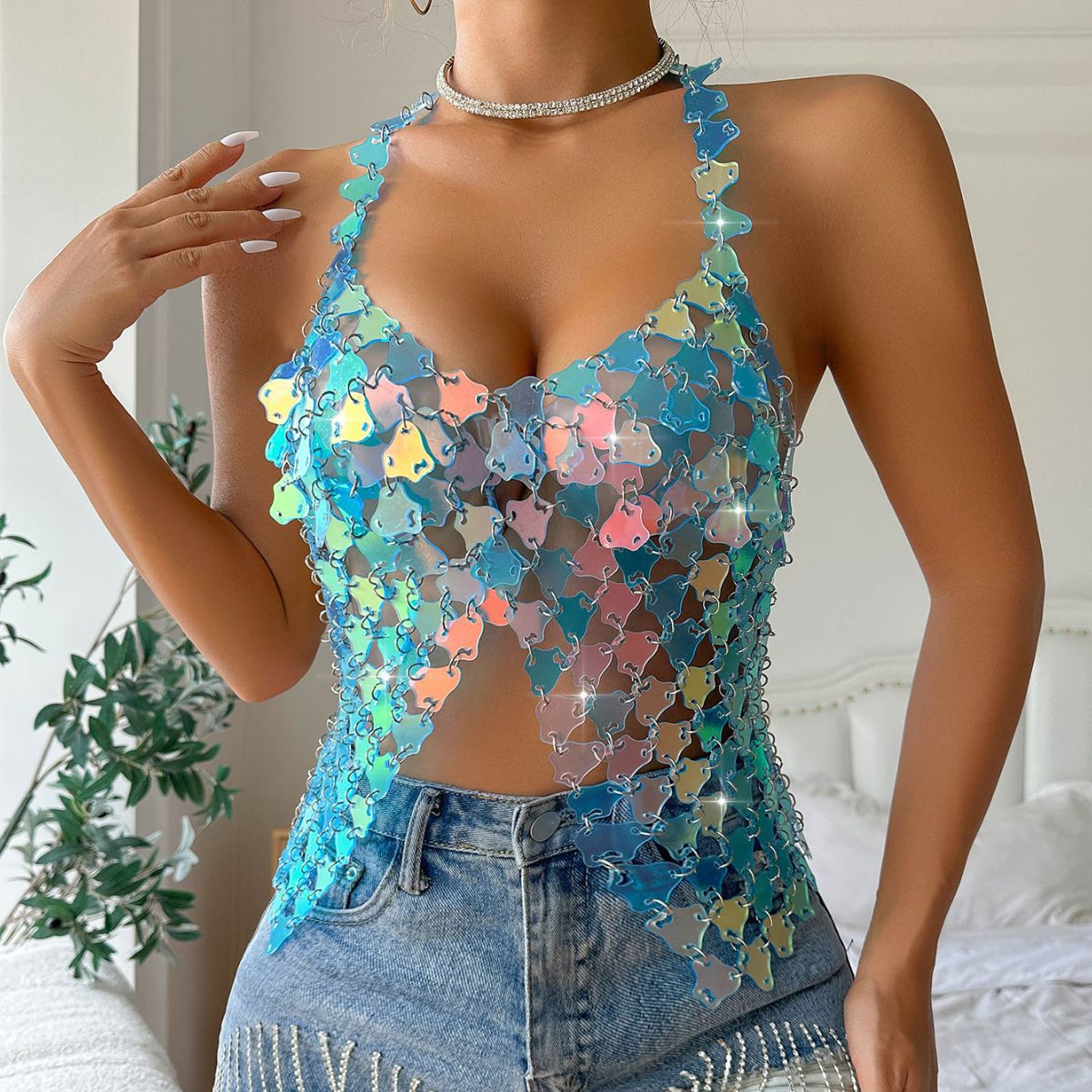2024 New European and American Amazon Hot Selling Cross-Border European and American Laser Sexy Backless Camisole Z20908