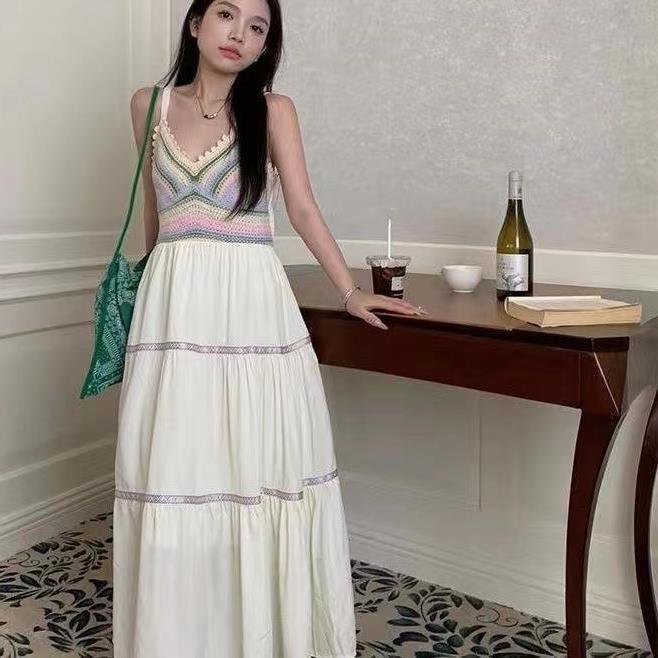 2024 women's ethnic style sling hollow stitching dress new holiday style travel strap dress women's clothing