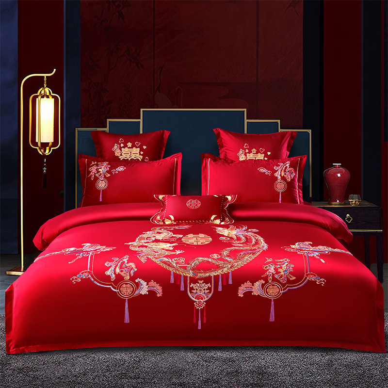 Picture of Wedding Four-Piece Set Embroidered Wedding Pure Cotton Bright Red Wedding Room Embroidered Bedding Quilt Bedding