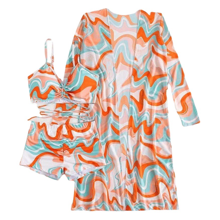 2023 European and American Foreign Trade Swimwear Women's Split Three-Piece Set High Waist Long-Sleeved ins Blouse Cyber Celebrity Cross-Border Drawstring Pack