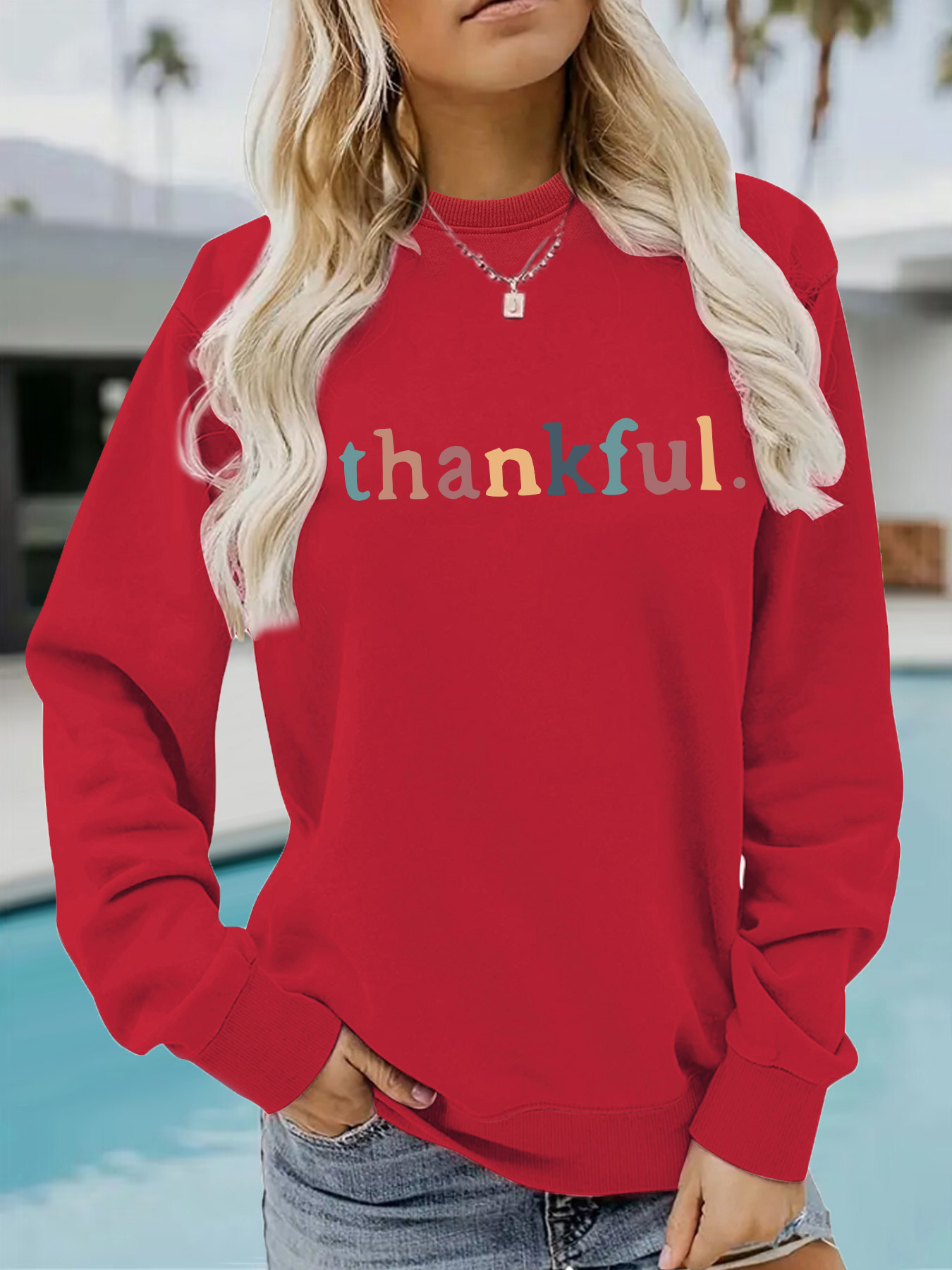Picture of Europe and the United States cross-border autumn and winter women's casual long sleeve round neck thankfol printed pullover sweatshirt sweater wholesale